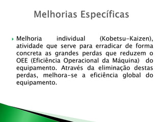  Melhoria individual (Kobetsu-Kaizen), 
atividade que serve para erradicar de forma 
concreta as grandes perdas que reduzem o 
OEE (Eficiência Operacional da Máquina) do 
equipamento. Através da eliminação destas 
perdas, melhora-se a eficiência global do 
equipamento. 
 