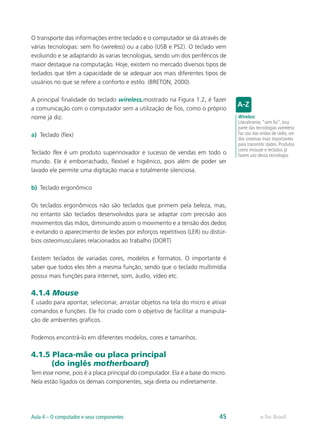O transporte das informações entre teclado e o computador se dá através de
várias tecnologias: sem fio (wireless) ou a cabo (USB e PS2). O teclado vem
evoluindo e se adaptando às varias tecnologias, sendo um dos periféricos de
maior destaque na computação. Hoje, existem no mercado diversos tipos de
teclados que têm a capacidade de se adequar aos mais diferentes tipos de
usuários no que se refere a conforto e estilo. (BRETON, 2000)
A principal finalidade do teclado wireless,mostrado na Figura 1.2, é fazer
a comunicação com o computador sem a utilização de fios, como o próprio
nome já diz.
a)	 Teclado (flex)
Teclado flex é um produto superinovador e sucesso de vendas em todo o
mundo. Ele é emborrachado, flexível e higiênico, pois além de poder ser
lavado ele permite uma digitação macia e totalmente silenciosa.
b)	 Teclado ergonômico
Os teclados ergonômicos não são teclados que primem pela beleza, mas,
no entanto são teclados desenvolvidos para se adaptar com precisão aos
movimentos das mãos, diminuindo assim o movimento e a tensão dos dedos
e evitando o aparecimento de lesões por esforços repetitivos (LER) ou distúr-
bios osteomusculares relacionados ao trabalho (DORT)
Existem teclados de variadas cores, modelos e formatos. O importante é
saber que todos eles têm a mesma função, sendo que o teclado multimídia
possui mais funções para internet, som, áudio, vídeo etc.
4.1.4 Mouse
É usado para apontar, selecionar, arrastar objetos na tela do micro e ativar
comandos e funções. Ele foi criado com o objetivo de facilitar a manipula-
ção de ambientes gráficos.
Podemos encontrá-lo em diferentes modelos, cores e tamanhos.
4.1.5 Placa-mãe ou placa principal
(do inglês motherboard)
Tem esse nome, pois é a placa principal do computador. Ela é a base do micro.
Nela estão ligados os demais componentes, seja direta ou indiretamente.
Wireless
Literalmente, “sem fio”, boa
parte das tecnologias wireless
faz uso das ondas de rádio, um
dos sistemas mais importantes
para transmitir dados. Produtos
como mouse e teclados já
fazem uso dessa tecnologia.
e-Tec BrasilAula 4 – O computador e seus componentes 45
 
