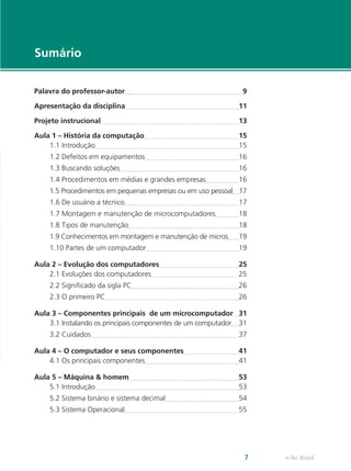 e-Tec Brasil7
Sumário
Palavra do professor-autor	 9
Apresentação da disciplina	 11
Projeto instrucional	 13
Aula 1 – História da computação	 15
1.1 Introdução	 15
1.2 Defeitos em equipamentos	 16
1.3 Buscando soluções	 16
1.4 Procedimentos em médias e grandes empresas	 16
1.5 Procedimentos em pequenas empresas ou em uso pessoal	 17
1.6 De usuário a técnico	 17
1.7 Montagem e manutenção de microcomputadores	 18
1.8 Tipos de manutenção	 18
1.9 Conhecimentos em montagem e manutenção de micros	 19
1.10 Partes de um computador	 19
Aula 2 – Evolução dos computadores	 25
2.1 Evoluções dos computadores	 25
2.2 Significado da sigla PC	 26
2.3 O primeiro PC	 26
Aula 3 – Componentes principais de um microcomputador 	 31
3.1 Instalando os principais componentes de um computador	 31
3.2 Cuidados	 37
Aula 4 – O computador e seus componentes	 41
4.1 Os principais componentes	 41
Aula 5 – Máquina & homem	 53
5.1 Introdução	 53
5.2 Sistema binário e sistema decimal	 54
5.3 Sistema Operacional	 55
 
