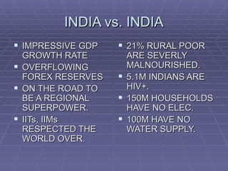 INDIA vs. INDIA
 IMPRESSIVE GDP    21% RURAL POOR
  GROWTH RATE        ARE SEVERLY
 OVERFLOWING        MALNOURISHED.
  FOREX RESERVES    5.1M INDIANS ARE
 ON THE ROAD TO     HIV+.
  BE A REGIONAL     150M HOUSEHOLDS
  SUPERPOWER.        HAVE NO ELEC.
 IITs, IIMs        100M HAVE NO
  RESPECTED THE      WATER SUPPLY.
  WORLD OVER.
 