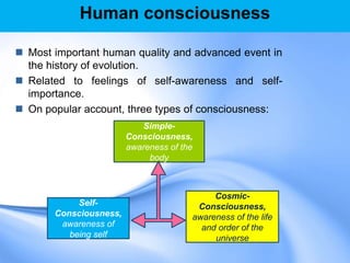Human consciousness
 Most important human quality and advanced event in
the history of evolution.
 Related to feelings of self-awareness and self-
importance.
 On popular account, three types of consciousness:
Simple-
Consciousness,
awareness of the
body
Self-
Consciousness,
awareness of
being self
Cosmic-
Consciousness,
awareness of the life
and order of the
universe
 