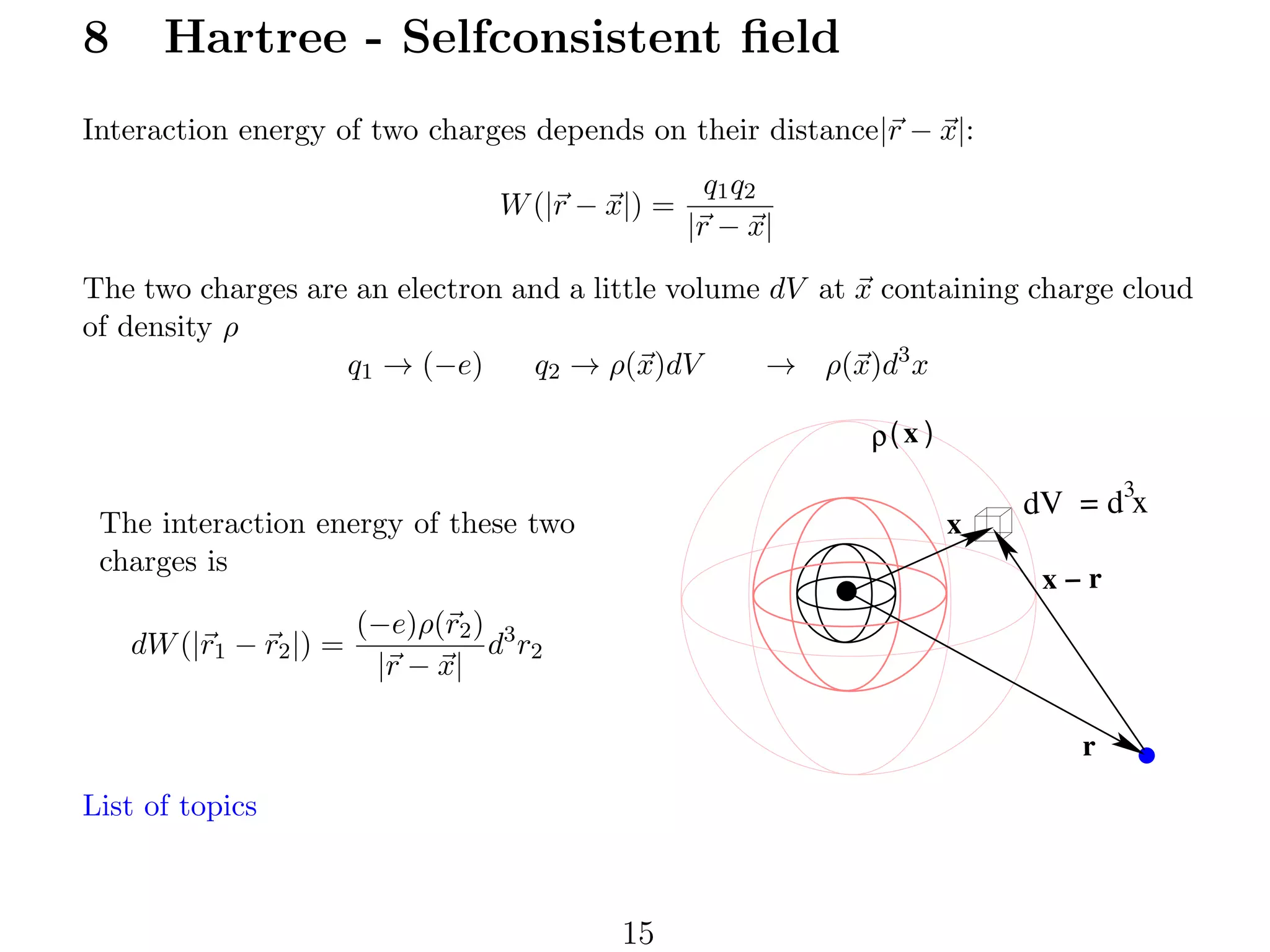 8

Hartree - Selfconsistent ﬁeld

Interaction energy of two charges depends on their distance|r − x|:
W (|r − x|) =

q1 q2
|r − x|

The two charges are an electron and a little volume dV at x containing charge cloud
of density ρ
q1 → (−e)
q2 → ρ(x)dV
→ ρ(x)d3 x
ρ( x )
x

The interaction energy of these two
charges is
dW (|r1 − r2 |) =

3
dV = d x

x−r

(−e)ρ(r2 ) 3
d r2
|r − x|
r

List of topics

15

 