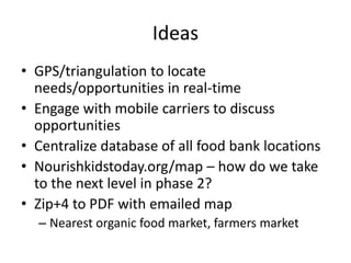 IdeasGPS/triangulation to locate needs/opportunities in real-timeEngage with mobile carriers to discuss opportunitiesCentralize database of all food bank locationsNourishkidstoday.org/map – how do we take to the next level in phase 2?Zip+4 to PDF with emailed mapNearest organic food market, farmers market
