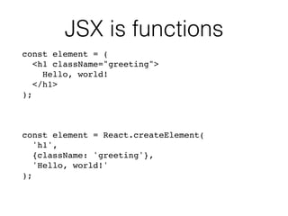 JSX is functions
const element = (
<h1 className="greeting">
Hello, world!
</h1>
);
const element = React.createElement(
'h1',
{className: 'greeting'},
'Hello, world!'
);
 