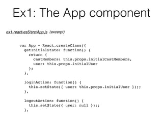 Ex1: The App component
var App = React.createClass({
getInitialState: function() {
return {
castMembers: this.props.initialCastMembers,
user: this.props.initialUser
};
},
loginAction: function() {
this.setState({ user: this.props.initialUser });;
},
logoutAction: function() {
this.setState({ user: null });;
},
ex1-react-es5/src/App.js (excerpt)
 