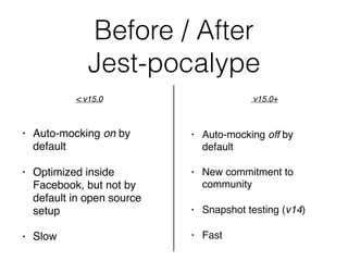 Before / After  
Jest-pocalype
• Auto-mocking on by
default
• Optimized inside
Facebook, but not by
default in open source
setup
• Slow
< v15.0 v15.0+
• Auto-mocking off by
default
• New commitment to
community
• Snapshot testing (v14)
• Fast
 
