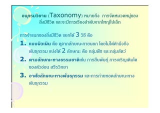 อน ุกรมวิธาน (Taxonomy) หมายถึง การจัดหมวดหมูของ
                 Taxonomy)                            ่
         สิงมีชวิต และจะมีการเรียงลําดับจากใหญ่ไปเล็ก
               ี

การจําแนกของสิงมีชวิต แยกได้ 3 วิธี คือ
                  ี
1. แบบผิวเผิน คือ ดูจากลักษณะภายนอก โดยไม่ได้คานึงถึง
                                                  ํ
    พันธุกรรม แบ่งได้ 2 ลักษณะ คือ กลุมพืช และกลุมสัตว์
                                        ่       ่
2. ตามลักษณะทางธรรมชาติเช่น การสืบพันธุ์ การเจริญเติบโต
    ของตัวอ่อน สรีรวิทยา
3. อาศัยลักษณะทางพันธ ุกรรม และการถ่ายทอดลักษณะทาง
    พันธุกรรม
 