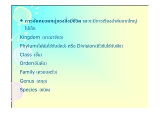 • การจัดหมวดหมู่ของสิงมีชีวิต และจะมีการเรียงลําดับจากใหญ่
  ไปเล็ก
Kingdom (อาณาจักร)
Phylum(ไฟลัมใช้กบสัตว์) หรือ Division(ดิวิชนใช้กบพืช)
                ั                          ั ั
Class (ชัน)
         -
Order(อันดับ)
Family (ครอบครัว)
Genus (สกุล)
Species (ชนิด)
 