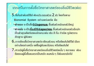 เกณฑ์ในการตังชือวิทยาศาสตร์ของสิงมีชวิต(ต่อ)
            -                       ี
5.ชือในลําดับสปี ชีส์ ต้องประกอบด้วย 2 คํา โดยถือตาม
 Bionomial System อย่างเคร่งครัด คือ
 -คําแรก จะเป็ นชือจีนส(genus) ขึนต้นด้วยอักษรตัวใหญ่
                           ั       -
 -คําหลัง จะเป็ นชือสปชีส(์ species) ขึนต้นด้วยอักษรตัวเล็กมัก
                         ี             -
  เป็ นคําคุณศัพท์แสดงลักษณะเด่น เช่น สี ถิน กําเนิด รูปพรรณ
  สัณฐาน ผูคนพบ     ้ ้
6.การเขียนชือวิทยาศาสตร์จะเขียนตัวเอน หรือขีดเส้นใต้ก็ได้ เลือก
  อย่างใดอย่างหนึง แต่ชอผูคนพบไม่เอน หรือขีดเส้นใต้
                             ื ้ ้
7.หากมีผตงชือวิทยาศาสตร์ของสิงมีชวิตชนิดนันๆ หลายคน ต้อง
            ู้ ั-                    ี         -
  ยึดของผูตงชือคนแรกเป็ นหลัก คนหลังๆ ก็ตองยกเลิกไป
               ้ ั-                          ้
 