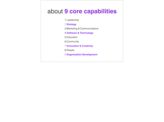 1.Leadership
2.Strategy
3.Marketing & Communications
4.Software & Technology
5.Education
6.Community
7.Innovation & Creativity
8.People
9.Organisation Development
about 9 core capabilities
 