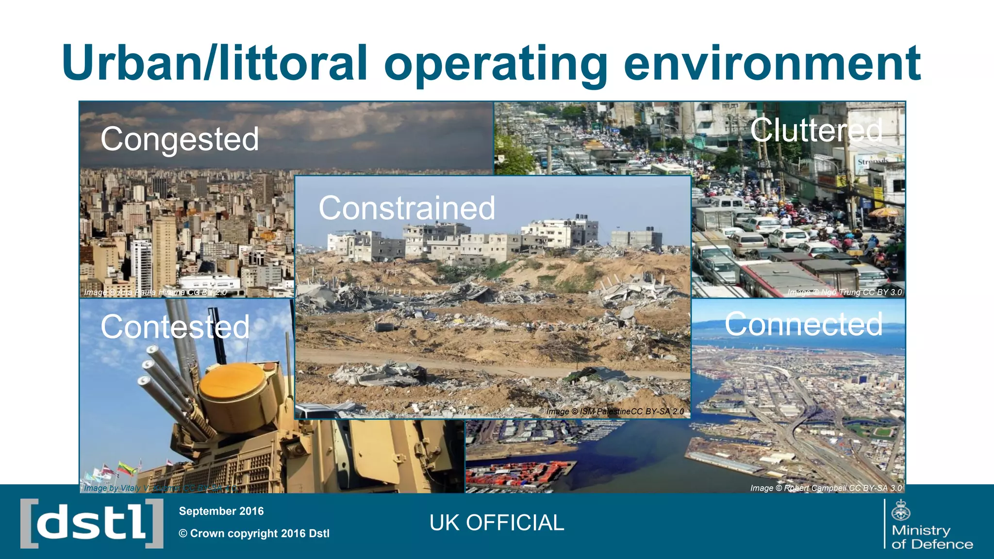 Urban/littoral operating environment
UK OFFICIAL© Crown copyright 2016 Dstl
September 2016
Image by Vitaly V. Kuzmin CC BY-SA 4.0, Image © Robert Campbell CC BY-SA 3.0
Image © Ngô Trung CC BY 3.0Image © Ana Paula Hirama CC BY 2.0
Image © ISM PalestineCC BY-SA 2.0
Congested
Connected
Constrained
Contested
Cluttered
 