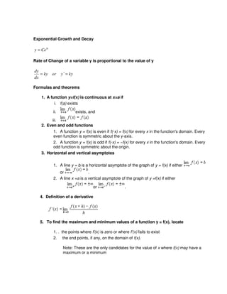 Exponential Growth and Decay
kt
y Ce=
Rate of Change of a variable y is proportional to the value of y
'
dy
ky or y ky
dx
= =
Formulas and theorems
1. A function y=f(x) is continuous at x=a if
i. f(a) exists
ii. exists, and
iii.
2. Even and odd functions
1. A function y = f(x) is even if f(-x) = f(x) for every x in the function's domain. Every
even function is symmetric about the y-axis.
2. A function y = f(x) is odd if f(-x) = −f(x) for every x in the function's domain. Every
odd function is symmetric about the origin.
3. Horizontal and vertical asymptotes
1. A line y = b is a horizontal asymptote of the graph of y = f(x) if either
or .
2. A line x =a is a vertical asymptote of the graph of y =f(x) if either
or .
4. Definition of a derivative
5. To find the maximum and minimum values of a function y = f(x), locate
1. . the points where f'(x) is zero or where f'(x) fails to exist
2. the end points, if any, on the domain of f(x).
Note: These are the only candidates for the value of x where f(x) may have a
maximum or a minimum
 