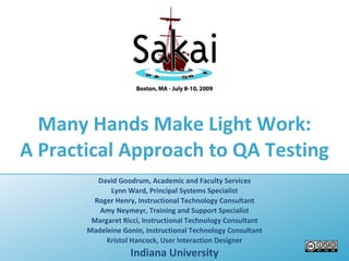 Many Hands Make Light Work:
A Practical Approach to QA Testing
         David Goodrum, Academic and Faculty Services
             Lynn Ward, Principal Systems Specialist
        Roger Henry, Instructional Technology Consultant
          Amy Neymeyr, Training and Support Specialist
        Margaret Ricci, Instructional Technology Consultant
       Madeleine Gonin, Instructional Technology Consultant
            Kristol Hancock, User Interaction Designer
                   Indiana University
 