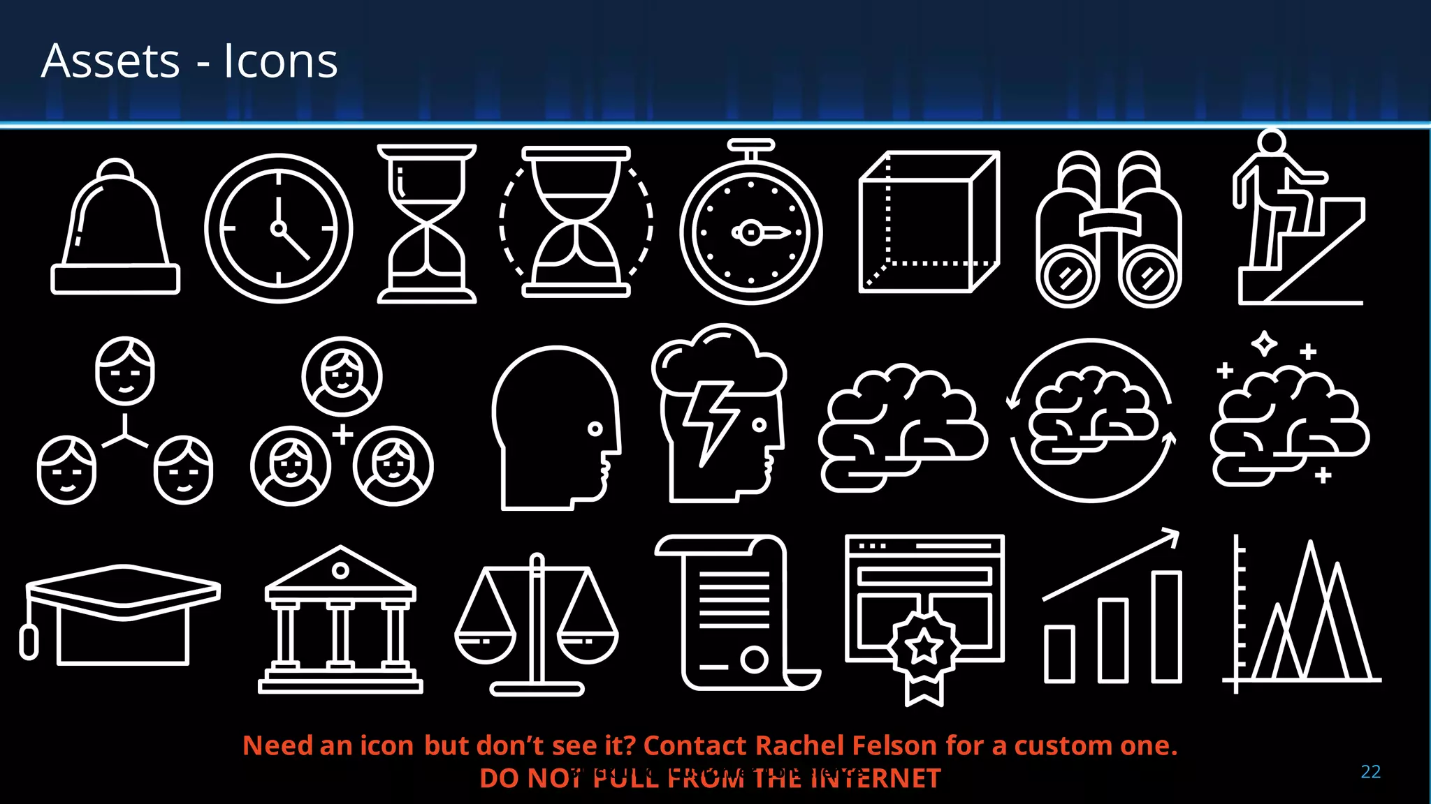 Assets - Icons
Need an icon but don’t see it? Contact Rachel Felson for a custom one.
DO NOT PULL FROM THE INTERNET 22Black Duck Customer Conference
 