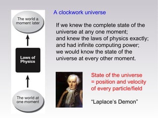 A clockwork universe
If we knew the complete state of the
universe at any one moment;
and knew the laws of physics exactly...