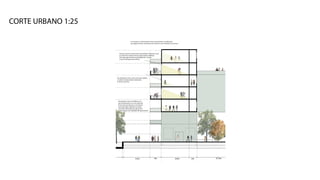 HABITABILIDAD
Por medio del corte logramos pla
acabo en la distintas zonas de esp
yecto. Esto se logra al culificar el e
getación, el mobiliario exterior (b
cia y los de circulación
Por otro lado, podemos ver el imp
nes pre-existente. Este al ser ma
lado del contexto de menor altur
el proyecto y el contexto. Mientra
lación directa con la via más tran
paramentar generando un
Corte Urbano 1:250
CORTE URBANO 1:25
 