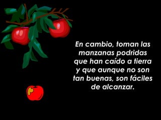 En cambio, toman las manzanas podridas que han caído a tierra y que aunque no son tan buenas, son fáciles de alcanzar. 