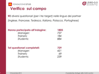 x
Verifica sul campo
3 diversi questionari (per i tre target) nelle lingue dei partner
(Inglese, Francese, Tedesco, Italia...
