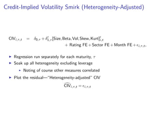 Credit-Implied Volatility Smirk (Heterogeneity-Adjusted)
CIVi,τ,t = δ0,τ +δ1,τ [Size,Beta,Vol,Skew,Kurt]i,t
+ Rating FE+Sector FE+Month FE+ i,τ,t,
Regression run separately for each maturity, τ
Soak up all heterogeneity excluding leverage
Noting of course other measures correlated
Plot the residual—“Heterogeneity-adjusted” CIV
CIVi,τ,t = i,τ,t
 