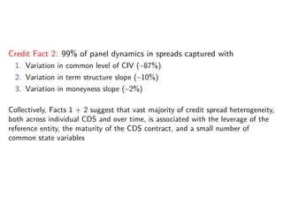 Credit Fact 2: 99% of panel dynamics in spreads captured with
1. Variation in common level of CIV (~87%)
2. Variation in term structure slope (~10%)
3. Variation in moneyness slope (~2%)
Collectively, Facts 1 + 2 suggest that vast majority of credit spread heterogeneity,
both across individual CDS and over time, is associated with the leverage of the
reference entity, the maturity of the CDS contract, and a small number of
common state variables
 