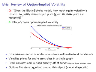 Brief Review of Option-Implied Volatility
Q: “Given the Black-Scholes model, how much equity volatility is
required to justify observed put price (given its strike price and
maturity)?”
A: Black-Scholes option-implied volatility
K/S (fixed maturity)
.80 .85 0.90 0.95 1.00
IV
Implied Volatility Smile/Smirk/Surface (Puts)
Short Maturity
Long Maturity
Expensiveness in terms of deviations from well understood benchmark
Visualize prices for entire asset class in a single graph
Read skewness and kurtosis directly oﬀ of curves (Backus, Foresi, and Wu, 2004)
Options literature organized around this object (model diagnostic)
 