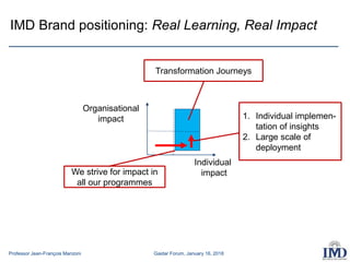 Professor Jean-François Manzoni Gaidar Forum, January 16, 2018
IMD Brand positioning: Real Learning, Real Impact
Individual
impact
Organisational
impact
Transformation Journeys
We strive for impact in
all our programmes
1. Individual implemen-
tation of insights
2. Large scale of
deployment
 