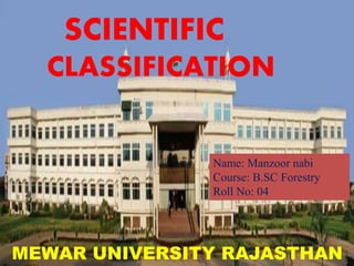 SCIENTIFIC CLASSIFICATION
SCIENTIFIC
CLASSIFICATION
Name: Manzoor nabi
Course: B.SC Forestry
Roll No: 04
MEWAR UNIVERSITY RAJASTHAN
 