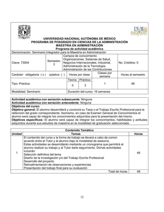 12
UNIVERSIDAD NACIONAL AUTÓNOMA DE MÉXICO
PROGRAMA DE POSGRADO EN CIENCIAS DE LA ADMINISTRACIÓN
MAESTRIA EN ADMINISTRACIÓN
Programa de actividad académica
Denominación: Seminario Integrador para la Maestría en Administración
Clave: 73004
Semestre:
3
Campos de conocimiento:
Organizaciones, Sistemas de Salud,
Negocios Internacionales, Industrial,
Administración de la Tecnología,
Administración de las Contribuciones
No. Créditos: 0
Carácter: obligatoria ( x ) optativa ( ) Horas por clase
Clases por
semana
Horas al semestre
Tipo: Práctica
Teoría: Práctica:
1 48
0 3
Modalidad: Seminario Duración del curso: 16 semanas
Actividad académica con seriación subsecuente: Ninguna
Actividad académica con seriación antecedente: Ninguna
Objetivos del curso:
Objetivo general: El alumno desarrollará y concluirá su Tesis o el Trabajo Escrito Profesional para la
obtención del grado correspondiente. Asimismo, en caso de Examen General de Conocimientos el
alumno será capaz de integrar los conocimientos adquiridos para la presentación del mismo.
Objetivos específicos: El alumno será capaz de integrar los conocimientos, habilidades y actitudes
adquiridos durante sus estudios de maestría en la modalidad de graduación seleccionada.
Contenido Temático
Unidad Temas Horas
1
El contenido del curso y la forma de trabajo se llevará a cabo de común
acuerdo entre el Tutor y el alumno bajo la modalidad de asesoría.
Estas actividades se desarrollarán mediante un cronograma que permitirá al
alumno realizar su trabajo y al Tutor darle seguimiento. Dichas actividades
incluirán:
Selección definitiva del tema
Diseño de la Investigación y/o del Trabajo Escrito Profesional
Desarrollo del proyecto
Retroalimentación de observaciones y experiencias
Presentación del trabajo final para su evaluación
48
Total de horas: 48
 