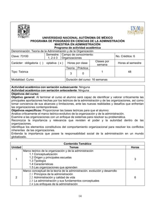 14
UNIVERSIDAD NACIONAL AUTÓNOMA DE MÉXICO
PROGRAMA DE POSGRADO EN CIENCIAS DE LA ADMINISTRACIÓN
MAESTRIA EN ADMINISTRACIÓN
Programa de actividad académica
Denominación: Teoría de la Administración y de la Organización
Clave: 73100
Semestre:
1, 2 ó 3
Campo de conocimiento:
Organizaciones
No. Créditos: 6
Carácter: obligatoria ( ) optativa ( x ) Horas por clase
Clases por
semana
Horas al semestre
Tipo: Teórica
Teoría: Práctica:
1 48
3 0
Modalidad: Curso Duración del curso: 16 semanas
Actividad académica con seriación subsecuente: Ninguna
Actividad académica con seriación antecedente: Ninguna
Objetivos del curso:
Objetivo general: Al terminar el curso el alumno será capaz de identificar y valorar críticamente las
principales aportaciones hechas por los teóricos de la administración y de las organizaciones, así como
tomar conciencia de sus alcances y limitaciones, ante las nuevas realidades y desafíos que enfrentan
las organizaciones contemporáneas.
Objetivos específicos: Proporcionar las bases teóricas para que el alumno:
Analice críticamente el marco teórico-evolutivo de la organización y de la administración.
Examine a las organizaciones con un enfoque de sistemas para resolver su problemática.
Reconozca la importancia y relevancia que revisten el poder y la autoridad dentro de las
organizaciones.
Identifique los elementos constitutivos del comportamiento organizacional para resolver los conflictos
inherentes de las organizaciones.
Entienda la importancia que posee la responsabilidad social de la administración en un mundo
globalizado.
Contenido Temático
Unidad Temas Horas
1
Marco teórico de la organización y de la administración
1.1 Conceptualización
1.2 Origen y principales escuelas
1.3 Tipología
1.4 Características
1.5 Las organizaciones que aprenden
3
2
Marco conceptual de la teoría de la administración. evolución y desarrollo
2.1 Principios de la administración
2.2 Administración y calidad de vida
2.3 La administración y sus fundamentos conceptuales
2.4 Los enfoques de la administración
6
 