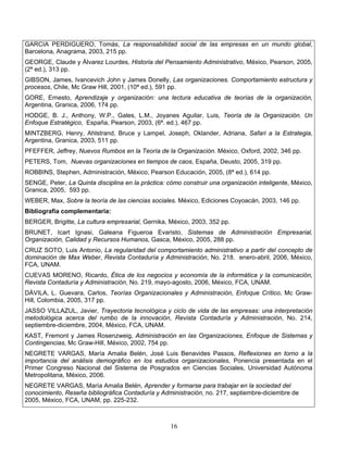 16
GARCIA PERDIGUERO, Tomás, La responsabilidad social de las empresas en un mundo global,
Barcelona, Anagrama, 2003, 215 pp.
GEORGE, Claude y Álvarez Lourdes, Historia del Pensamiento Administrativo, México, Pearson, 2005,
(2ª ed.), 313 pp.
GIBSON, James, Ivancevich John y James Donelly, Las organizaciones. Comportamiento estructura y
procesos, Chile, Mc Graw Hill, 2001, (10ª ed.), 591 pp.
GORE, Ernesto, Aprendizaje y organización: una lectura educativa de teorías de la organización,
Argentina, Granica, 2006, 174 pp.
HODGE, B. J., Anthony, W.P., Gales, L.M., Joyanes Aguilar, Luis, Teoría de la Organización. Un
Enfoque Estratégico, España, Pearson, 2003, (6ª. ed.), 467 pp.
MINTZBERG, Henry, Ahlstrand, Bruce y Lampel, Joseph, Oklander, Adriana, Safari a la Estrategia,
Argentina, Granica, 2003, 511 pp.
PFEFFER, Jeffrey, Nuevos Rumbos en la Teoría de la Organización. México, Oxford, 2002, 346 pp.
PETERS, Tom, Nuevas organizaciones en tiempos de caos, España, Deusto, 2005, 319 pp.
ROBBINS, Stephen, Administración, México, Pearson Educación, 2005, (8ª ed.), 614 pp.
SENGE, Peter, La Quinta disciplina en la práctica: cómo construir una organización inteligente, México,
Granica, 2005, 593 pp.
WEBER, Max, Sobre la teoría de las ciencias sociales. México, Ediciones Coyoacán, 2003, 146 pp.
Bibliografía complementaria:
BERGER, Brigitte, La cultura empresarial, Gernika, México, 2003, 352 pp.
BRUNET, Icart Ignasi, Galeana Figueroa Evaristo, Sistemas de Administración Empresarial,
Organización, Calidad y Recursos Humanos, Gasca, México, 2005, 288 pp.
CRUZ SOTO, Luis Antonio, La regularidad del comportamiento administrativo a partir del concepto de
dominación de Max Weber, Revista Contaduría y Administración, No. 218. enero-abril, 2006, México,
FCA, UNAM.
CUEVAS MORENO, Ricardo, Ética de los negocios y economía de la informática y la comunicación,
Revista Contaduría y Administración, No. 219, mayo-agosto, 2006, México, FCA, UNAM.
DÁVILA, L. Guevara, Carlos, Teorías Organizacionales y Administración, Enfoque Crítico, Mc Graw-
Hill, Colombia, 2005, 317 pp.
JASSO VILLAZUL, Javier, Trayectoria tecnológica y ciclo de vida de las empresas: una interpretación
metodológica acerca del rumbo de la innovación, Revista Contaduría y Administración, No. 214,
septiembre-diciembre, 2004, México, FCA, UNAM.
KAST, Fremont y James Rosenzweig, Administración en las Organizaciones, Enfoque de Sistemas y
Contingencias, Mc Graw-Hill, México, 2002, 754 pp.
NEGRETE VARGAS, María Amalia Belén, José Luis Benavides Passos, Reflexiones en torno a la
importancia del análisis demográfico en los estudios organizacionales, Ponencia presentada en el
Primer Congreso Nacional del Sistema de Posgrados en Ciencias Sociales, Universidad Autónoma
Metropolitana, México, 2006.
NEGRETE VARGAS, María Amalia Belén, Aprender y formarse para trabajar en la sociedad del
conocimiento, Reseña bibliográfica Contaduría y Administración, no. 217, septiembre-diciembre de
2005, México, FCA, UNAM, pp. 225-232.
 