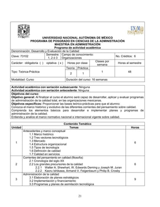 21
UNIVERSIDAD NACIONAL AUTÓNOMA DE MÉXICO
PROGRAMA DE POSGRADO EN CIENCIAS DE LA ADMINISTRACIÓN
MAESTRIA EN ADMINISTRACIÓN
Programa de actividad académica
Denominación: Desarrollo y Evaluación de la Calidad
Clave: 73102
Semestre:
1, 2 ó 3
Campo de conocimiento:
Organizaciones
No. Créditos: 6
Carácter: obligatoria ( ) optativa ( x ) Horas por clase
Clases por
semana
Horas al semestre
Tipo: Teórica-Práctica
Teoría: Práctica:
1 48
2 1
Modalidad: Curso Duración del curso: 16 semanas
Actividad académica con seriación subsecuente: Ninguna
Actividad académica con seriación antecedente: Ninguna
Objetivos del curso:
Objetivo general: Al finalizar el curso el alumno será capaz de desarrollar, aplicar y evaluar programas
de administración de la calidad total, en las organizaciones mexicanas.
Objetivos específicos: Proporcionar las bases teórico-prácticas para que el alumno:
Conozca el marco histórico y evolutivo de las diferentes corrientes del pensamiento sobre calidad.
Comprenda los elementos básicos para desarrollar e implementar planes y programas de
administración de la calidad.
Entienda y analice el marco normativo nacional e internacional vigente sobre calidad.
Contenido Temático
Unidad Temas Horas
1
Antecedentes y marco conceptual
1.1 Marco histórico
1.2 Tres vectores tecnológicos
1.3 Mercado
1.4 Estructura organizacional
1.5 Tipos de tecnología
1.6 Definición de calidad
1.7 Calidad en servicios
6
2
Corrientes del pensamiento en calidad (filosofía)
2.1 Cronología del siglo XX
2.2 Los grandes precursores de la calidad
2.2.1 Walter A. Shewhart, W. Edwards Deming y Joseph M. Juran
2.2.2 Kaoru Ishikawa, Armand V. Feigenbaum y Philip B. Crosby
6
3
Administración de la calidad
3.1 Elaboración de planes estratégicos
3.2 Implementación y financiamiento
3.3 Programas y planes de asimilación tecnológica
9
 