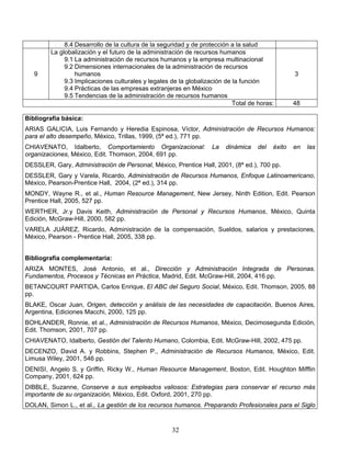 32
8.4 Desarrollo de la cultura de la seguridad y de protección a la salud
9
La globalización y el futuro de la administración de recursos humanos
9.1 La administración de recursos humanos y la empresa multinacional
9.2 Dimensiones internacionales de la administración de recursos
humanos
9.3 Implicaciones culturales y legales de la globalización de la función
9.4 Prácticas de las empresas extranjeras en México
9.5 Tendencias de la administración de recursos humanos
3
Total de horas: 48
Bibliografía básica:
ARIAS GALICIA, Luis Fernando y Heredia Espinosa, Víctor, Administración de Recursos Humanos:
para el alto desempeño, México, Trillas, 1999, (5ª ed.), 771 pp.
CHIAVENATO, Idalberto, Comportamiento Organizacional: La dinámica del éxito en las
organizaciones, México, Edit. Thomson, 2004, 691 pp.
DESSLER, Gary, Administración de Personal, México, Prentice Hall, 2001, (8ª ed.), 700 pp.
DESSLER, Gary y Varela, Ricardo, Administración de Recursos Humanos, Enfoque Latinoamericano,
México, Pearson-Prentice Hall, 2004, (2ª ed.), 314 pp.
MONDY, Wayne R., et al., Human Resource Management, New Jersey, Ninth Edition, Edit. Pearson
Prentice Hall, 2005, 527 pp.
WERTHER, Jr.y Davis Keith, Administración de Personal y Recursos Humanos, México, Quinta
Edición, McGraw-Hill, 2000, 582 pp.
VARELA JUÁREZ, Ricardo, Administración de la compensación, Sueldos, salarios y prestaciones,
México, Pearson - Prentice Hall, 2005, 338 pp.
Bibliografía complementaria:
ARIZA MONTES, José Antonio, et al., Dirección y Administración Integrada de Personas.
Fundamentos, Procesos y Técnicas en Práctica, Madrid, Edit. McGraw-Hill, 2004, 416 pp.
BETANCOURT PARTIDA, Carlos Enrique, El ABC del Seguro Social, México, Edit. Thomson, 2005, 88
pp.
BLAKE, Oscar Juan, Origen, detección y análisis de las necesidades de capacitación, Buenos Aires,
Argentina, Ediciones Macchi, 2000, 125 pp.
BOHLANDER, Ronnie, et al., Administración de Recursos Humanos, México, Decimosegunda Edición,
Edit. Thomson, 2001, 707 pp.
CHIAVENATO, Idalberto, Gestión del Talento Humano, Colombia, Edit. McGraw-Hill, 2002, 475 pp.
DECENZO, David A. y Robbins, Stephen P., Administración de Recursos Humanos, México, Edit.
Limusa Wiley, 2001, 546 pp.
DENISI, Angelo S. y Griffin, Ricky W., Human Resource Management, Boston, Edit. Houghton Mifflin
Company, 2001, 624 pp.
DIBBLE, Suzanne, Conserve a sus empleados valiosos: Estrategias para conservar el recurso más
importante de su organización, México, Edit. Oxford, 2001, 270 pp.
DOLAN, Simon L., et al., La gestión de los recursos humanos. Preparando Profesionales para el Siglo
 