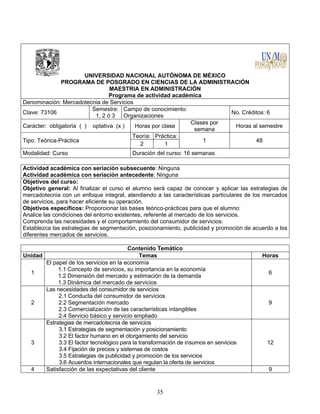 35
UNIVERSIDAD NACIONAL AUTÓNOMA DE MÉXICO
PROGRAMA DE POSGRADO EN CIENCIAS DE LA ADMINISTRACIÓN
MAESTRIA EN ADMINISTRACIÓN
Programa de actividad académica
Denominación: Mercadotecnia de Servicios
Clave: 73106
Semestre:
1, 2 ó 3
Campo de conocimiento:
Organizaciones
No. Créditos: 6
Carácter: obligatoria ( ) optativa (x ) Horas por clase
Clases por
semana
Horas al semestre
Tipo: Teórica-Práctica
Teoría: Práctica:
1 48
2 1
Modalidad: Curso Duración del curso: 16 semanas
Actividad académica con seriación subsecuente: Ninguna
Actividad académica con seriación antecedente: Ninguna
Objetivos del curso:
Objetivo general: Al finalizar el curso el alumno será capaz de conocer y aplicar las estrategias de
mercadotecnia con un enfoque integral, atendiendo a las características particulares de los mercados
de servicios, para hacer eficiente su operación.
Objetivos específicos: Proporcionar las bases teórico-prácticas para que el alumno:
Analice las condiciones del entorno existentes, referente al mercado de los servicios.
Comprenda las necesidades y el comportamiento del consumidor de servicios.
Establezca las estrategias de segmentación, posicionamiento, publicidad y promoción de acuerdo a los
diferentes mercados de servicios.
Contenido Temático
Unidad Temas Horas
1
El papel de los servicios en la economía
1.1 Concepto de servicios, su importancia en la economía
1.2 Dimensión del mercado y estimación de la demanda
1.3 Dinámica del mercado de servicios
6
2
Las necesidades del consumidor de servicios
2.1 Conducta del consumidor de servicios
2.2 Segmentación mercado
2.3 Comercialización de las características intangibles
2.4 Servicio básico y servicio ampliado
9
3
Estrategias de mercadotecnia de servicios
3.1 Estrategias de segmentación y posicionamiento
3.2 El factor humano en el otorgamiento del servicio
3.3 El factor tecnológico para la transformación de insumos en servicios
3.4 Fijación de precios y sistemas de costos
3.5 Estrategias de publicidad y promoción de los servicios
3.6 Acuerdos internacionales que regulan la oferta de servicios
12
4 Satisfacción de las expectativas del cliente 9
 
