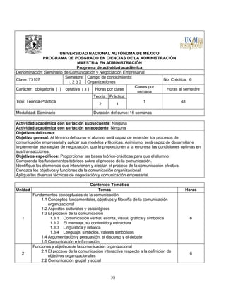 38
UNIVERSIDAD NACIONAL AUTÓNOMA DE MÉXICO
PROGRAMA DE POSGRADO EN CIENCIAS DE LA ADMINISTRACIÓN
MAESTRIA EN ADMINISTRACIÓN
Programa de actividad académica
Denominación: Seminario de Comunicación y Negociación Empresarial
Clave: 73107
Semestre:
1, 2 ó 3
Campo de conocimiento:
Organizaciones
No. Créditos: 6
Carácter: obligatoria ( ) optativa ( x ) Horas por clase
Clases por
semana
Horas al semestre
Tipo: Teórica-Práctica
Teoría: Práctica:
1 48
2 1
Modalidad: Seminario Duración del curso: 16 semanas
Actividad académica con seriación subsecuente: Ninguna
Actividad académica con seriación antecedente: Ninguna
Objetivos del curso:
Objetivo general: Al término del curso el alumno será capaz de entender los procesos de
comunicación empresarial y aplicar sus modelos y técnicas. Asimismo, será capaz de desarrollar e
implementar estrategias de negociación, que le proporcionen a la empresa las condiciones óptimas en
sus transacciones.
Objetivos específicos: Proporcionar las bases teórico-prácticas para que el alumno:
Comprenda los fundamentos teóricos sobre el proceso de la comunicación.
Identifique los elementos que intervienen y afectan el proceso de la comunicación efectiva.
Conozca los objetivos y funciones de la comunicación organizacional.
Aplique las diversas técnicas de negociación y comunicación empresarial.
Contenido Temático
Unidad Temas Horas
1
Fundamentos conceptuales de la comunicación
1.1 Conceptos fundamentales, objetivos y filosofía de la comunicación
organizacional
1.2 Aspectos culturales y psicológicos
1.3 El proceso de la comunicación
1.3.1 Comunicación verbal, escrita, visual, gráfica y simbólica
1.3.2 El mensaje, su contenido y estructura
1.3.3 Lingüística y retórica
1.3.4 Lenguaje, símbolos, valores simbólicos
1.4 Argumentación y persuasión, el discurso y el debate
1.5 Comunicación e información
6
2
Funciones y objetivos de la comunicación organizacional
2.1 El proceso de la comunicación interactiva respecto a la definición de
objetivos organizacionales
2.2 Comunicación grupal y social
6
 