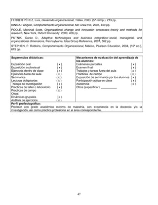 47
FERRER PÉREZ, Luis, Desarrollo organizacional, Trillas, 2003, (5ª reimp.), 213 pp.
KINICKI, Angelo, Comportamiento organizacional, Mc Graw Hill, 2003, 459 pp.
POOLE, Marshall Scott, Organizational change and innovation processes: theory and methods for
research, New York, Oxford University, 2000, 406 pp.
PUTNIK, Goran D., Adaptive technologies and business integration: social, managerial, and
organizational dimensions, Pennsylvania, Idea Group Reference, 2007, 362 pp.
STEPHEN, P. Robbins, Comportamiento Organizacional, México, Pearson Education, 2004, (10ª ed.),
675 pp.
Sugerencias didácticas:
Exposición oral ( x )
Exposición audiovisual ( x )
Ejercicios dentro de clase ( x )
Ejercicios fuera del aula ( x )
Seminarios ( x )
Lecturas obligatorias ( x )
Trabajo de investigación ( x )
Prácticas de taller o laboratorio ( x )
Prácticas de campo ( x )
Otras:
Dinámicas grupales ( x )
Análisis de ejercicios ( x )
Mecanismos de evaluación del aprendizaje de
los alumnos:
Exámenes parciales ( x )
Examen final ( x )
Trabajos y tareas fuera del aula ( x )
Prácticas de campo ( x )
Exposición de seminarios por los alumnos ( x )
Participación activa en clase ( x )
Asistencia ( x )
Otros (especificar): __________
Perfil profesiográfico:
Profesor con grado académico mínimo de maestría, con experiencia en la docencia y/o la
investigación, así como práctica profesional en el área correspondiente.
 