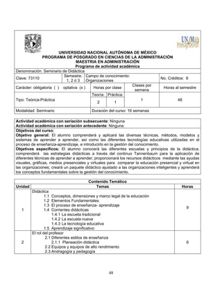 48
UNIVERSIDAD NACIONAL AUTÓNOMA DE MÉXICO
PROGRAMA DE POSGRADO EN CIENCIAS DE LA ADMINISTRACIÓN
MAESTRIA EN ADMINISTRACIÓN
Programa de actividad académica
Denominación: Seminario de Didáctica
Clave: 73110
Semestre:
1, 2 ó 3
Campo de conocimiento:
Organizaciones
No. Créditos: 6
Carácter: obligatoria ( ) optativa (x ) Horas por clase
Clases por
semana
Horas al semestre
Tipo: Teórica-Práctica
Teoría: Práctica:
1 48
2 1
Modalidad: Seminario Duración del curso: 16 semanas
Actividad académica con seriación subsecuente: Ninguna
Actividad académica con seriación antecedente: Ninguna
Objetivos del curso:
Objetivo general: El alumno comprenderá y aplicará las diversas técnicas, métodos, modelos y
sistemas de aprender a aprender, así como las diferentes tecnologías educativas utilizadas en el
proceso de enseñanza-aprendizaje, e introducirlo en la gestión del conocimiento.
Objetivos específicos: El alumno conocerá las diferentes escuelas y principios de la didáctica;
comprenderá las estrategias didácticas a través del continuo Tannenbaum para la aplicación de
diferentes técnicas de aprender a aprender; proporcionará los recursos didácticos mediante las ayudas
visuales, gráficas, medios presenciales y virtuales para comparar la educación presencial y virtual en
las organizaciones; creará un paquete didáctico ajustado a las organizaciones inteligentes y aprenderá
los conceptos fundamentales sobre la gestión del conocimiento.
Contenido Temático
Unidad Temas Horas
1
Didáctica
1.1 Conceptos, dimensiones y marco legal de la educación
1.2 Elementos Fundamentales
1.3 El proceso de enseñanza- aprendizaje
1.4 Corrientes didácticas
1.4.1 La escuela tradicional
1.4.2 La escuela nueva
1.4.3 La tecnología educativa
1.5 Aprendizaje significativo
9
2
El rol del profesor
2.1 Diferentes estilos de enseñanza
2.1.1 Planeación didáctica
2.2 Equipos y equipos de alto rendimiento
2.3 Andragogía y pedagogía
6
 