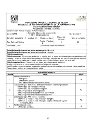 75
UNIVERSIDAD NACIONAL AUTÓNOMA DE MÉXICO
PROGRAMA DE POSGRADO EN CIENCIAS DE LA ADMINISTRACIÓN
MAESTRIA EN ADMINISTRACIÓN
Programa de actividad académica
Denominación: Temas Selectos de Administración
Clave: 73118
Semestre:
1, 2 ó 3
Campo de conocimiento:
Organizaciones
No. Créditos: 6
Carácter: obligatoria ( ) optativa (x) Horas por clase
Clases por
semana
Horas al semestre
Tipo: Teórica-Práctica
Teoría: Práctica:
1 48
2 1
Modalidad: Curso Duración del curso: 16 semanas
Actividad académica con seriación subsecuente: Ninguna
Actividad académica con seriación antecedente: Ninguna
Objetivos del curso:
Objetivo general: Adquirir una visión de lo que ha sido la teoría administrativa como ciencia social,
conocer y analizar críticamente las nuevas tendencias y paradigmas, así como los cambios y desafíos
que enfrenta dentro del entorno social, político y económico de la sociedad del siglo XXI.
Objetivos específicos: Proporcionar las bases teóricas para que el alumno:
Analice críticamente el marco teórico-evolutivo de la administración.
Identifique los nuevos enfoques, tendencias y desafíos que enfrenta la administración contemporánea.
Desarrolle un sentido de responsabilidad social.
Contenido Temático
Unidad Temas Horas
1
Teoría administrativa
1.1 Orígenes
1.2 Momentos críticos
1.3 La administración como ciencia social
9
2
Nuevos enfoques de la teoría de la administración y de la organización
2.1 Debido a los avances científicos
2.2 Debido a los avances tecnológicos
2.3 En respuesta al entorno político
2.4 En respuesta a las condiciones económicas
2.5 En respuesta a las necesidades sociales
12
3
Desafíos del siglo XXI, nuevas variables
3.1 Desde el punto de vista financiero (tangible)
3.2 Desde el punto de vista intangible (capital intelectual, capital
emocional, etc.)
12
4
Tendencias ecológicas
4.1 Cambio climático 6
 