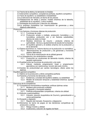 79
3.2 Teoría de la oferta y la demanda no lineales
3.3 Intercambio competitivo, competencia perfecta, equilibrio competitivo
3.4 Tipos de equilibrio; su estabilidad e inestabilidad
3.5 La estructura de mercado y la teoría de los precios
3.6 Adaptaciones de oferta y precios: modelo dinámico de la telaraña,
estabilidad de su equilibrio, y otros modelos
3.7 Estrategias de producción y elección de utilidades
3.8 La empresa competitiva con maximización de ganancias y otros
objetivos alternativos
4
Producción
4.1 Los factores y funciones clásicas de producción
4.1.1 Funciones de costo
4.1.2 Producción simple y múltiple, producción homotética y no
homotética, producción con y sin factores substituibles;
efectos de costo no lineal
4.1.3 Modelos dinámicos de insumo - producto; criterios de
optimalidad; técnica y ajustamientos de escala de la empresa
4.1.4 El equilibrio general y el análisis empírico de la producción y
de la demanda
4.2 Óptimo económico vs. máximo técnico en la producción no nomotética
4.2.1 Maximizaciones de producción y de ganancias y funciones
objetivo alternativas
4.2.2 Teoría de la maximización de la utilidad general
4.3 La competencia y los rendimientos a escala
4.3.1 Producción en condiciones de demanda incierta; criterios de
decisión optimizante
4.4 Dualidad entre las funciones de producción y de costo
4.4.1 Cálculo mediante programación lineal y programación
geométrica con restricciones: función del costo mínimo
4.5 Cambio de productividad por cambio tecnológico; efecto sobre los
óptimos
9
5
Equilibrio general competitivo
5.1 Óptimo en la producción y oferta competitiva perfecta
5.2 Factores y funciones de demanda y oferta
5.2.1 Existencia y unicidad del equilibrio estático, su estabilidad
5.2.2 Modelo de evolución temporal y estabilidad dinámica: ajustes
continuos
3
6
Estructura de la competencia
6.1 Competencia monopolística imperfecta; políticas óptimas varias
6.1.1 Modelos para productos múltiples
6.2 Duopolio, oligopolio y monopolio bilateral
6.2.1 Políticas empresariales competitivas; criterios de utilidad
6.3 Solución cuasicompetitiva
6.3.1 Colusión; solución duopolística de Cournot y generalización a
varios participantes
6.4 Duopolio y oligopolio
6.4.1 Reparto del mercado. Duopsonio y oligopsonio
6.5 Elementos de teoría de juegos en las decisiones competitivas de
producción y ventas
6.5.1 Riesgo incierto y utilidad.
6.5.2 Coaliciones y solución de regateo de Nash
9
 