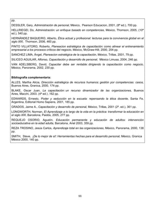 88
pp.
DESSLER, Gary, Administración de personal, México, Pearson Educacion, 2001, (8ª ed.), 700 pp.
HELLRIEGEl, Do, Administración: un enfoque basado en competencias, México, Thomson, 2005, (10ª
ed.), 540 pp.
HERNÁNDEZ BAQUEIRO, Alberto, Ética actual y profesional: lecturas para la convivencia global en el
siglo XXI, Thomson, 2006, 460 pp.
PINTO VILLATORO, Roberto, Planeacion estratégica de capacitación: como alinear el entrenamiento
empresarial a los procesos críticos del negocio, México, McGraw-Hill, 2000, 204 pp.
SANCHEZ LIMA, Ángel, Planeacion estratégica de la capacitación, México, Trillas, 2001, 79 pp.
SILICEO AGUILAR, Alfonso, Capacitación y desarrollo de personal, México Limusa, 2004, 246 pp.
VAN ADELSBERG, David, Capacitar debe ser rentable: dirigiendo la capacitación como negocio,
México, Panorama, 2002, 230 pp.
Bibliografía complementaria:
ALLES, Martha Alicia, Dirección estratégica de recursos humanos: gestión por competencias: casos,
Buenos Aires, Granica, 2000, 174 pp.
BLAKE, Oscar Juan, La capacitación: un recurso dinamizador de las organizaciones, Buenos
Aires, Macchi, 2003. (4ª ed.) ,162 pp.
EDWARDS, Ernesto, Poder y seducción en la escuela: repensando la ética docente, Santa Fe,
Argentina, Editorial Homo Sapiens, 2001, 185 pp.
GRADOS, Jaime A., Capacitación y desarrollo de personal, México, Trillas, 2001 (2ª. ed.), 361 pp.
LONGWORTH, Norman, El Aprendizaje a lo largo de la vida en la práctica: transformar la educación en
el siglo XXI, Barcelona, Paidós, 2005, 277 pp.
REQUEJO OSORIO, Agustín, Educación permanente y educación de adultos: intervención
socioeducativa en la edad adulta, Barcelona, Ariel 2003, 359 pp.
REZA TROSINO, Jesús Carlos, Aprendizaje total en las organizaciones, México, Panorama, 2000, 138
pp.
SMITH, Steve, ¡De lo mejor de si!: Herramientas hechas para el desarrollo personal, México, Granica
México 2000, 140 pp.
 