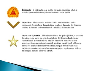 Triângulo - O triângulo com o olho no meio simboliza o Sol, a
expressão visivel de Deus, de que emana a luz e a vida.



Esquadro - Resultado da união da linha vertical com a linha
horizontal, é o simbolo da rectidão e também da acção do Homem
sobre a matéria e sobre si mesmo. Simboliza a moralidade.


Estrela de 5 pontas - Também chamada de “pentagrama”, é o canon
do número de ouro, ou seja, é o símbolo do Homem Perfeito, da
Humanidade plena entre Pai e Filho, o Homem nos seus cinco
aspectos: fisico, emocional, mental, intuitivo e espiritual, o Homem
de braços abertos mas sem virilidade porque dominou as suas
paixões e emoções. As estrelas representam as lágrimas da beleza
da criação. Tem no centro a letra G.
 