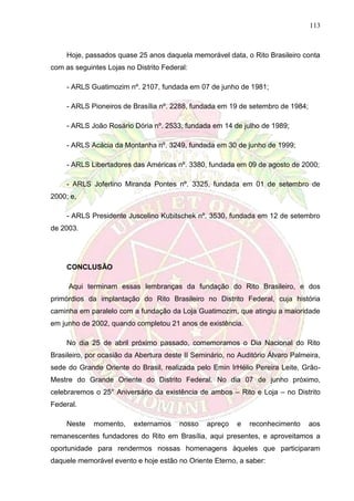 113
Hoje, passados quase 25 anos daquela memorável data, o Rito Brasileiro conta
com as seguintes Lojas no Distrito Federal:
- ARLS Guatimozim nº. 2107, fundada em 07 de junho de 1981;
- ARLS Pioneiros de Brasília nº. 2288, fundada em 19 de setembro de 1984;
- ARLS João Rosário Dória nº. 2533, fundada em 14 de julho de 1989;
- ARLS Acácia da Montanha nº. 3249, fundada em 30 de junho de 1999;
- ARLS Libertadores das Américas nº. 3380, fundada em 09 de agosto de 2000;
- ARLS Joferlino Miranda Pontes nº. 3325, fundada em 01 de setembro de
2000; e,
- ARLS Presidente Juscelino Kubitschek nº. 3530, fundada em 12 de setembro
de 2003.
CONCLUSÃO
Aqui terminam essas lembranças da fundação do Rito Brasileiro, e dos
primórdios da implantação do Rito Brasileiro no Distrito Federal, cuja história
caminha em paralelo com a fundação da Loja Guatimozim, que atingiu a maioridade
em junho de 2002, quando completou 21 anos de existência.
No dia 25 de abril próximo passado, comemoramos o Dia Nacional do Rito
Brasileiro, por ocasião da Abertura deste II Seminário, no Auditório Álvaro Palmeira,
sede do Grande Oriente do Brasil, realizada pelo Emin IrHélio Pereira Leite, Grão-
Mestre do Grande Oriente do Distrito Federal. No dia 07 de junho próximo,
celebraremos o 25° Aniversário da existência de ambos – Rito e Loja – no Distrito
Federal.
Neste momento, externamos nosso apreço e reconhecimento aos
remanescentes fundadores do Rito em Brasília, aqui presentes, e aproveitamos a
oportunidade para rendermos nossas homenagens àqueles que participaram
daquele memorável evento e hoje estão no Oriente Eterno, a saber:
 