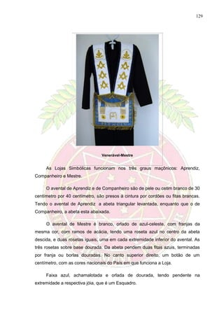 129
Venerável-Mestre
As Lojas Simbólicas funcionam nos três graus maçônicos: Aprendiz,
Companheiro e Mestre.
O avental de Aprendiz e de Companheiro são de pele ou cetim branco de 30
centímetro por 40 centímetro, são presos à cintura por cordões ou fitas brancas.
Tendo o avental de Aprendiz a abeta triangular levantada, enquanto que o de
Companheiro, a abeta esta abaixada.
O avental de Mestre é branco, orlado de azul-celeste, com franjas da
mesma cor, com ramos de acácia, tendo uma roseta azul no centro da abeta
descida, e duas rosetas iguais, uma em cada extremidade inferior do avental. As
três rosetas sobre base dourada. Da abeta pendem duas fitas azuis, terminadas
por franja ou borlas douradas. No canto superior direito, um botão de um
centímetro, com as cores nacionais do País em que funciona a Loja.
Faixa azul, achamalotada e orlada de dourada, tendo pendente na
extremidade a respectiva jóia, que é um Esquadro.
 