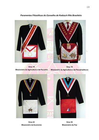 133
Paramentos Filosóficos do Conselho de Kadosch Rito Brasileiro
Grau 19
Missionário da Agricultura e da Pecuária
Grau 19
Missionário da Agricultura e da Pecuária(Novo)
Grau 22
Missionário da Economia
Grau 26
Missionário da Paz
 