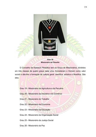134
Grau 30
Missionário da Filosofia
O Conselho de Kadosch Filosófico tem os Graus de Missionários, divididos
em três classes de quatro graus cada uma. Consideram o Homem como valor
social e dão-lhe a formação de cultura geral: científica, artística e filosófica. São
eles:
Grau 19 - Missionário da Agricultura e da Pecuária
Grau 20 - Missionário da Indústria e do Comércio
Grau 21 - Missionário do Trabalho
Grau 22 - Missionário da Economia
Grau 23 - Missionário da Educação
Grau 24 - Missionário da Organização Social
Grau 25 - Missionário da Justiça Social
Grau 26 - Missionário da Paz
 