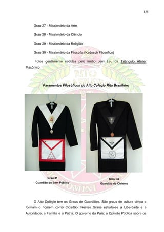 135
Grau 27 - Missionário da Arte
Grau 28 - Missionário da Ciência
Grau 29 - Missionário da Religião
Grau 30 - Missionário da Filosofia (Kadosch Filosófico)
Fotos gentilmente cedidas pelo irmão Jerri Leu da Triângulo Atelier
Maçônico.
Paramentos Filosóficos do Alto Colégio Rito Brasileiro
Grau 31
Guardião do Bem Público
Grau 32
Guardião do Civismo
O Alto Colégio tem os Graus de Guardiões. São graus de cultura cívica e
formam o homem como Cidadão. Nestes Graus estuda-se a Liberdade e a
Autoridade; a Família e a Pátria; O governo do País; a Opinião Pública sobre os
 