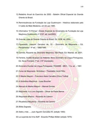 149
13.Relatório Anual do Exercício de 2005 - Boletim Oficial Especial do Grande
Oriente do Brasil.
14.Reminiscências da Fundação da Loja Guatimozim - Histórico elaborado pelo
Ir Ivaldo de Melo Medeiros, em 04 Jun 1990.
15.Informativo “O Primaz”, Edição Especial de Aniversário de Fundação da Loja
Maçônica Guatimozim nº 2107. ed. Jun/2003.
16.Guia de Lojas do Grande Oriente do Brasil. Ed. GOB. ed. 2004.
17.Figueiredo, Joaquim Gervásio de, 33 - Dicionário de Maçonaria - Ed.
Pensamento - 4ª ed. - 1989/1990.
18.Camino, Rizzardo da. Dicionário Maçônico. São Paulo. Ed. Madras. ed. 2001.
19.Ferreira, Aurélio Buarque de Holanda. Novo Dicionário da Língua Portuguesa.
Ed. Nova Fronteira 1ª ed. (14ª impressão).
20.Dicionário Escolar da Língua Portuguesa. FENAME - MEC - 11a. ed. – 1981
21.Curso de Maçonaria Simbólica – Theobaldo Varoli Filho
22.O Mestre Maçom – Francisco Assis Carvalho {Chico Trolha]
23.A Simbólica Maçônica – Jules Boucher
24.Manual do Mestre Maçom – Manoel Gomes
25.Maçonaria e o Livro Sagrado – Zilmar de Paula Barros
26.Maçonaria Mística – Rizzardo da Camino
27.Ritualistica Maçônica – Rizzardo da Camino
28.Bíblia Sagrada.
29.Siete y más .....Juan Agustín González M. (edição 1955)
30.La Leyenda de Irma Abiff Eduardo Phillips Müller (edição 1975)
 