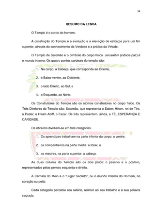 34
RESUMO DA LENDA
O Templo é o corpo do homem.
A construção do Templo é a evolução e a elevação de esforços para um fim
superior, através do conhecimento da Verdade e a prática da Virtude.
O Templo de Salomão é o Símbolo do corpo físico. Jerusalém (cidade-paz) é
o mundo interno. Os quatro pontos cardeais do templo são:
1. No corpo, a Cabeça, que corresponde ao Oriente,
2. o Baixo-ventre, ao Ocidente,
3. o lado Direito, ao Sul, e
4. o Esquerdo, ao Norte.
Os Construtores do Templo são os átomos construtores no corpo físico. Os
Três Diretores do Templo são: Salomão, que representa o Saber; Hiram, rei de Tiro,
o Poder; e Hiram Abiff, o Fazer. Os três representam, ainda, a FÉ, ESPERANÇA E
CARIDADE.
Os obreiros dividiam-se em três categorias.
1. Os aprendizes trabalham na parte inferior do corpo: o ventre;
2. os companheiros na parte média: o tórax; e
3. os mestres, na parte superior: a cabeça.
As duas colunas do Templo são os dois pólos: o passivo e o positivo,
representados pelas pernas esquerda e direita.
A Câmara do Meio é o "Lugar Secreto", ou o mundo Interno do Homem, no
coração ou peito.
Cada categoria percebia seu salário, relativo ao seu trabalho e à sua palavra
sagrada.
 
