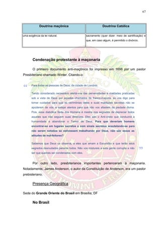67
Doutrina maçônica Doutrina Católica
uma exigência da lei natural. sacramento (quer dizer: meio de santificação) e
que, em caso algum, é permitido o divórcio.
Condenação protestante à maçonaria
O primeiro documento anti-maçônico foi impresso em 1698 por um pastor
Presbiteriano chamado Winter. Citando-o:
Para todas as pessoas de Deus, da cidade de Londres.
Tendo considerado necessário alertá-vos das perversidades e maldades praticadas
sob a vista de Deus por aqueles chamados de franco-maçons, eu vos digo para
tomar cuidados para que as cerimônias deles e suas maldições secretas não se
apoderem de vós; e estejai atentos para que não vos afastem da piedade divina.
Pois, essa diabólica Seita dos Homens é mestra nos segredos de depreciar todos
aqueles que não seguem suas diretrizes. Eles são o Anti-cristo que conduzirá a
humanidade a abandonar o Temor de Deus. Para que deveriam homens
encontrar-se em lugares secretos e com sinais secretos acautelando-se para
não serem notados se estivessem trabalhando por Deus, não são essas as
atitudes de mal-feitores?
Sabemos que Deus os observa, a eles que amam a Escuridão e que terão seus
segredos desnudados perante todos. Não vos mistureis a esta gente corrupta a não
ser que queirais ser condenados com eles.
Por outro lado, presbiterianos importantes pertenceram à maçonaria.
Notadamente, James Anderson, o autor da Constituição de Anderson, era um pastor
prebisteriano.
Presença Geográfica
Sede do Grande Oriente do Brasil em Brasília, DF
No Brasil
 