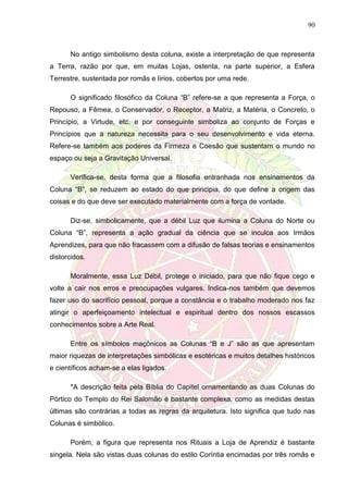 90
No antigo simbolismo desta coluna, existe a interpretação de que representa
a Terra, razão por que, em muitas Lojas, ostenta, na parte superior, a Esfera
Terrestre, sustentada por romãs e lírios, cobertos por uma rede.
O significado filosófico da Coluna “B” refere-se a que representa a Força, o
Repouso, a Fêmea, o Conservador, o Receptor, a Matriz, a Matéria, o Concreto, o
Princípio, a Virtude, etc. e por conseguinte simboliza ao conjunto de Forças e
Princípios que a natureza necessita para o seu desenvolvimento e vida eterna.
Refere-se também aos poderes da Firmeza e Coesão que sustentam o mundo no
espaço ou seja a Gravitação Universal.
Verifica-se, desta forma que a filosofia entranhada nos ensinamentos da
Coluna “B”, se reduzem ao estado do que principia, do que define a origem das
coisas e do que deve ser executado materialmente com a força de vontade.
Diz-se, simbolicamente, que a débil Luz que ilumina a Coluna do Norte ou
Coluna “B”, representa a ação gradual da ciência que se inculca aos Irmãos
Aprendizes, para que não fracassem com a difusão de falsas teorias e ensinamentos
distorcidos.
Moralmente, essa Luz Débil, protege o iniciado, para que não fique cego e
volte a cair nos erros e preocupações vulgares. Indica-nos também que devemos
fazer uso do sacrifício pessoal, porque a constância e o trabalho moderado nos faz
atingir o aperfeiçoamento intelectual e espiritual dentro dos nossos escassos
conhecimentos sobre a Arte Real.
Entre os símbolos maçônicos as Colunas “B e J” são as que apresentam
maior riquezas de interpretações simbólicas e esotéricas e muitos detalhes históricos
e científicos acham-se a elas ligados.
*A descrição feita pela Bíblia do Capitel ornamentando as duas Colunas do
Pórtico do Templo do Rei Salomão é bastante complexa, como as medidas destas
últimas são contrárias a todas as regras da arquitetura. Isto significa que tudo nas
Colunas é simbólico.
Porém, a figura que representa nos Rituais a Loja de Aprendiz é bastante
singela. Nela são vistas duas colunas do estilo Coríntia encimadas por três romãs e
 