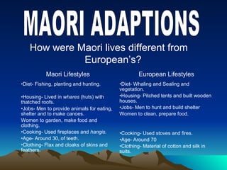 How were Maori lives different from
European’s?
Maori Lifestyles European Lifestyles
•Diet- Fishing, planting and hunting.
•Housing- Lived in whares (huts) with
thatched roofs.
•Jobs- Men to provide animals for eating,
shelter and to make canoes.
Women to garden, make food and
clothing.
•Cooking- Used fireplaces and hangis.
•Age- Around 30, of teeth.
•Clothing- Flax and cloaks of skins and
feathers.
•Diet- Whaling and Sealing and
vegetation.
•Housing- Pitched tents and built wooden
houses.
•Jobs- Men to hunt and build shelter
Women to clean, prepare food.
•Cooking- Used stoves and fires.
•Age- Around 70
•Clothing- Material of cotton and silk in
suits.
 
